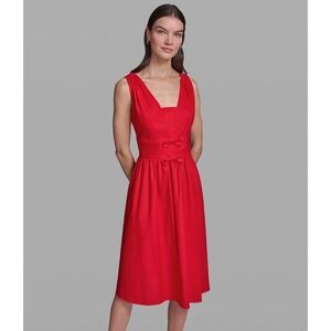 Karl Lagerfeld Paris Sleeve Cotton Bow Midi Dress Red V-Neck Fit & Flare Size 8